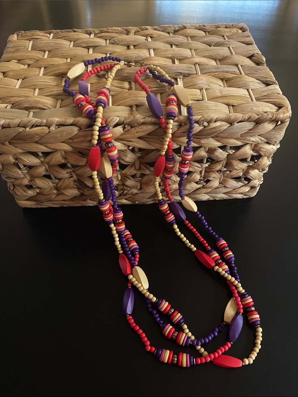Multistrand Hot Pink, Purple & Cream Wooden Beaded Necklace